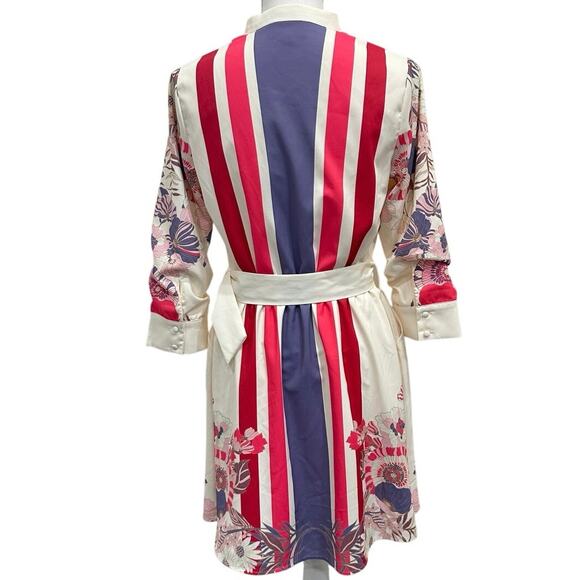 Ciebon Suzette Mixed Print Mini Shirt Dress Pink Multi Striped Floral Belted - Picture 3 of 10